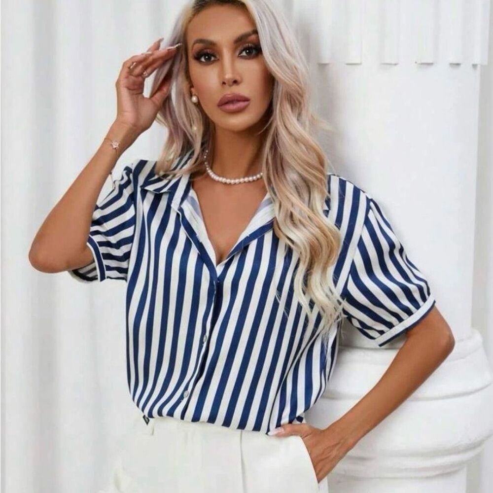 New Womens Striped Button Down Shirts, Loose Short Sleeve Classic Size Small